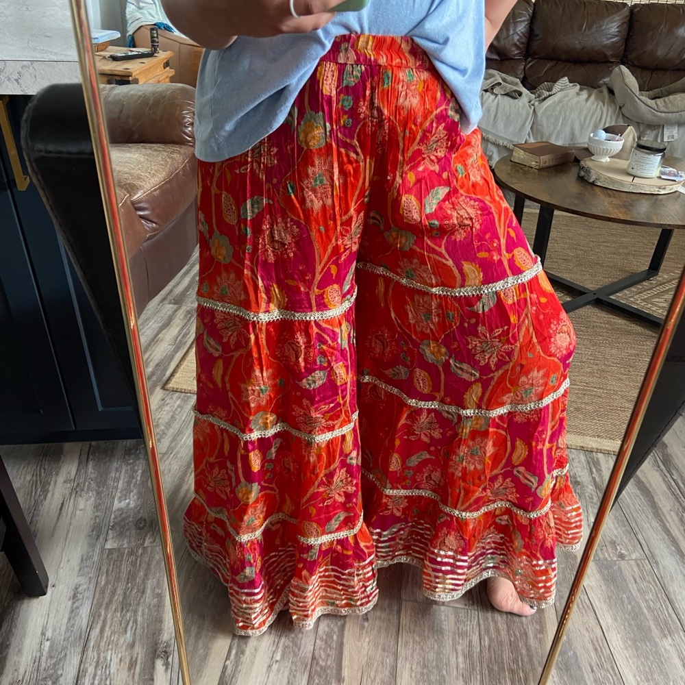 Hand Crafted Red Floral Wide Leg Pants